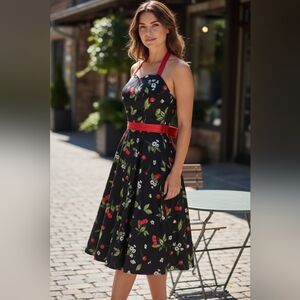Floral Black and Red Midi Dress
